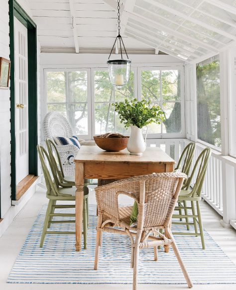 Potting Station, Porch Design Ideas, Cottage Porch, Privacy Shades, Painted Dining Chairs, Screened Porches, Stained Table, Sunroom Designs, Porch Makeover