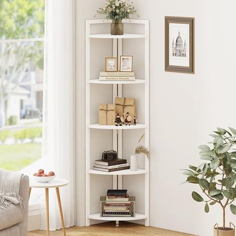 This tall corner shelf features 5 open shelves and provides ample storage space to maximize your room. It’s the perfect platform to display framed family photos, plants, or rows of your favorite reads. It also comes with an anti-tip device and an additional support leg under the bottom shelf, which greatly enhances stability and durability. Tall Corner Shelf, Corner Storage Shelves, Corner Bookshelf, Small Bookcase, Small Bookshelf, Corner Bookshelves, Bookshelf Storage, Furniture Material, Corner Storage