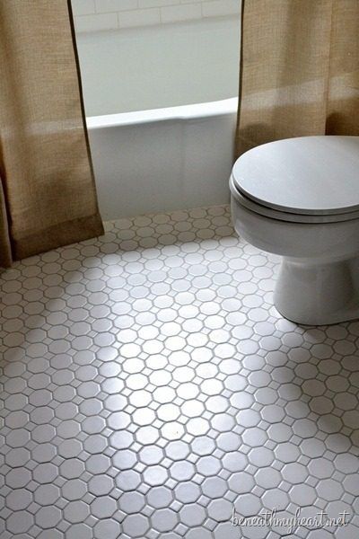 bathroom tile from Lowe's Bathroom Lino Floor, Octagonal Tiles, Octagon Tile Bathroom, Dream Ensuite, Bathroom Floors Diy, Guest Bathroom Makeover, Hexagon Tile Bathroom, Small Basement Bathroom, Octagon Tile