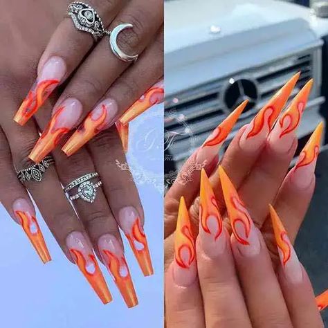 Orange Nail Art, Orange Acrylic Nails, Flame Nail Art, Popular Nail Colors, Orange Nail Designs, Orange Nail, Swarovski Nails, Creative Nail Designs, Unique Acrylic Nails