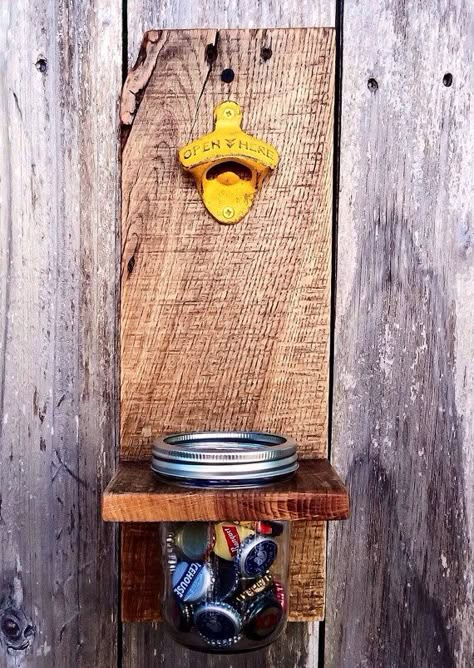 Mason Jar Bottle Opener Rustic Wedding Gift by ShineBoxPrimitives Pallet Ideas Easy, Wall Mounted Bottle Opener, Pallet Creations, Easy Wood Projects, Pallet Crafts, Beer Opener, Diy Holz, Wood Pallet Projects, Into The Wood