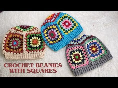 CROCHET BEANIE WITH GRANNY SQUARES | HOW TO CROCHET A BEANIE EASY AND BEGINNER FRIENDLY PATTERN - YouTube Granny Square Beanie, Crochet A Beanie, Square Beanie, Cappello Cloche, Beenie Hat, Crochet Circle Pattern, Crochet Caps, Beginner Friendly Crochet, Crochet Beret