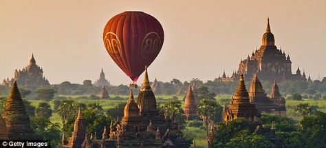 Soaring above a pagoda paradise: There's no better way to appreciate Burmese temples than on a hot-air balloon ride | Daily Mail Online Bagan Myanmar, Myanmar Travel, Vietnam Tours, Hot Air Balloon Rides, Photo Competition, Bagan, Travel Images, Hot Air Balloon, Myanmar