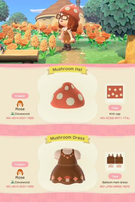 Mushroom Hat Animal Crossing, Animal Crossing Mushroom Design, Animal Crossing Mushroom, Cottage Core Animal Crossing, Mushroom Outfit, Mushroom Dress, Fairy Island, Mushroom Background, Hat And Dress