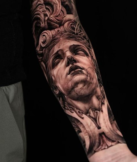 Statue Tattoo Design Greek, Greek Tattoo Ideas For Men, Greek Arm Tattoo, Helios Tattoo, Hercules Tattoo, Unique Hand Tattoos, 30 Tattoo, Greek God Tattoo, Gladiator Tattoo