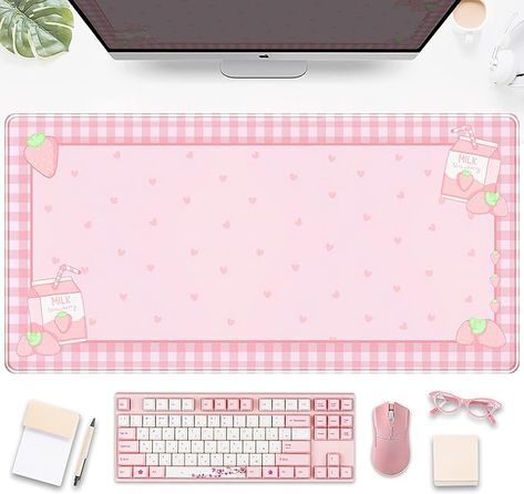 Amazon.com : Cute Pink Plaid Desk Mats Strawberry Milk Gaming Desk Pad, Kawaii Extended Mouse Pad Kawaii Large Keyboard Mats XXL, Laptop Mat for Desk, Desktop Mat Mousepad Office Decor for Women 31.5"x15.75" : Office Products Office Decor For Women, Cute Office, Keyboard Pad, Gaming Desk, Strawberry Milk, Desk Mats, Desk Pad, Pink Plaid, Office Accessories