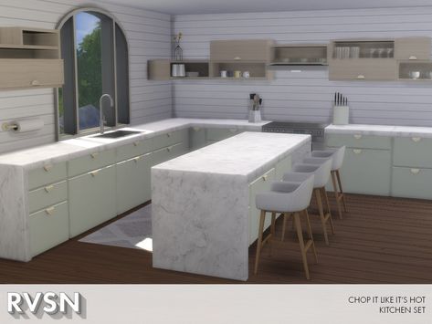 Sims 4 Kitchen Cabinets, Modern Kitchen Counters, Marble Kitchen Counters, Mods Sims 4, Sims 4 Kitchen, Casas The Sims 4, Aesthetic Kitchen, Sims 4 Cc Furniture, Low Cabinet