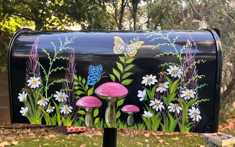 A beautiful Mailbox can add cheer and pizazz to the front of your house that will delight you all year-round. Specializes in the creation of custom-designed, hand-painted mailboxes for your house. *Standard Size (20''D x 8.8''H x 6.9''W ) ($168) *Large Size (22.6''D x 10.9''H x 8.7''W ) ($198) *Extra Large Jumbo Size (24.8''D x 15''H x 11.7''W) ($258) Choice of House number or Family name on the front of mailbox (FREE optional) Because each MAILBOX is hand-painted, each is one-of-a-kind and may Butterfly Mailbox Ideas, Garden Mailbox Ideas, Painted Mailboxes Ideas, Mailbox Ideas Painted, Painted Mailbox Ideas Diy, Creative Mailbox Ideas, Mailbox Art, Painted Mailbox, Beautiful Mailbox