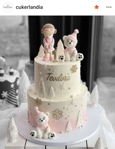 Winter Onederland Cake Girl, Pink Winter Wonderland Cake, Winter Wonderland Cake Ideas, Winter Onederland Birthday Cake, Christmas Baby Shower Cake, Winter Wonderland Birthday Cake, Winter Cake Decorating, December Cake, Winter Baby Birthday Party