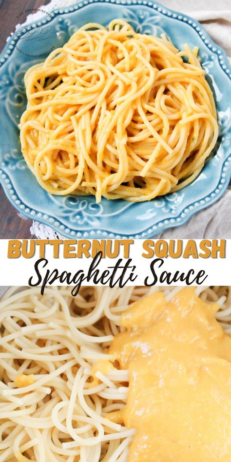 Butternut Squash Spaghetti Sauce - DINE DREAM DISCOVER Butternut Spaghetti Recipes, Butternut Squash Spaghetti Sauce, Butternut Squash Alfredo Sauce, Butternut Squash Sauce Recipes, Squash Spaghetti Sauce, Butternut Squash Spaghetti Recipes, Yummy Pasta Sauce, Spaghetti Squash Sauce, National Spaghetti Day