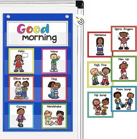 #morningroutine #morningmeetings #preschool #preschoolteachers #morningcircles Morning Meeting Greetings, Classroom Must Haves, Child Behavior Chart, Greeting Sign, Classroom Rules Poster, Classroom Charts, Prek Classroom, Greeting Poster, Toddler Classroom