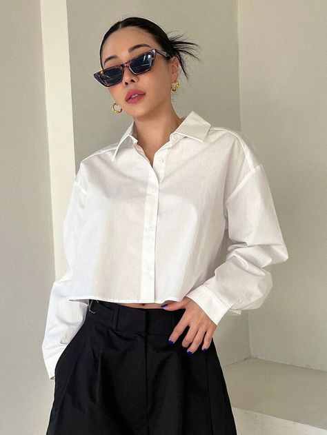 DAZY Solid Drop Shoulder Shirt | SHEIN USA Cropped Collared Shirt Outfit, White Cropped Shirt Outfit, Crop Polo Outfit, Cropped Shirt Outfit, Collared Shirt Outfits, Crop Shirts For Women, Cropped Outfits, Cropped White Shirt, Polo Shirt Outfits