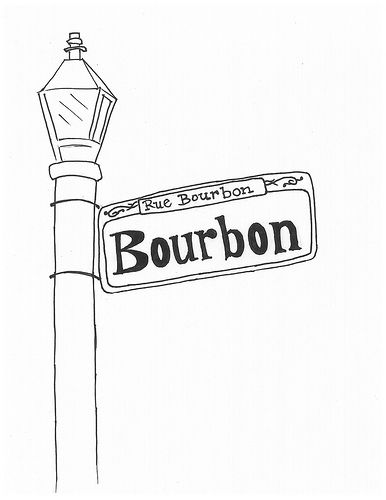 Bourbon Street drawing by muralsbymeg, via Flickr New Orleans Drawing, Street Drawing, Class Drawing, Bourbon Glasses, Matchbook Art, Summer Scrapbook, North Country, Alphabet Clipart, Automotive Logo