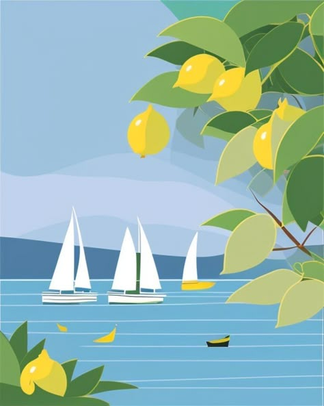 European Illustration Art, Capri Illustration Italy, Mediterranean Art Paintings, Amalfi Coast Art, Italian Summer Illustration, Lemon Tree Italy, Amalfi Illustration, Amalfi Coast Illustration, Italy Illustration Art