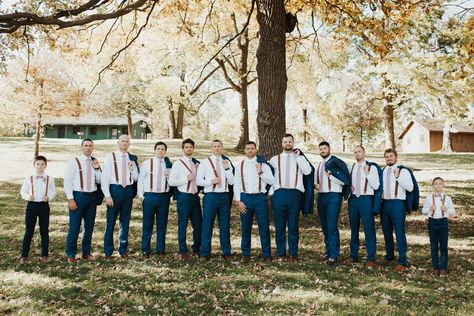 Wedding Suit Brown, Groomsmen Attire Blue, Fall Wedding Ideas Colors, Navy Wedding Suit, Wedding Ideas Colors, Navy Suit Wedding, Brown Suspenders, Navy Suits, Suit Brown