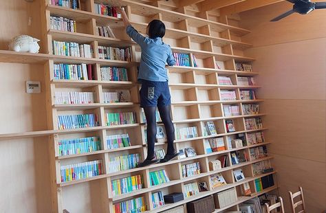 Earthquake Proof Floor-to-Ceiling Climbable Bookshelf by Architect Shinsuke Fujii Climbable Bookshelf, Awesome Bookshelves, Ceiling Bookshelf, Cherry Room, Library Rooms, Bookcase Ideas, Bookstore Design, Old Libraries, Library Ladder