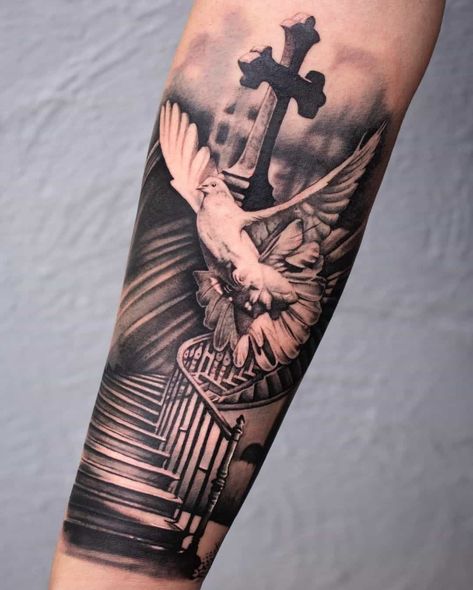 Forearm Sleeve Dove Tattoo Reglious Tattoos Sleeve, Dove Leg Tattoo Men, Dove Tattoos For Men, Men’s Forearm Tattoos Sleeve, Forarm Tattoos Design, Rip Forearm Tattoos For Men, Doves Tattoo Men, Tattoos Realism, Dove Tattoo Sleeve