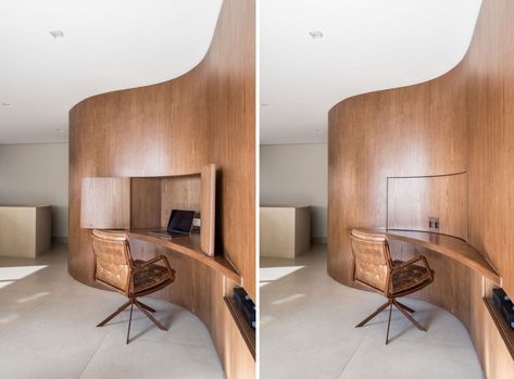 Next to the curved wall is the staircase to the bedroom floor. Originally, it was an old spiral staircase with a marble finish and no handrail. To update the stair and make it safe, the architects crafted railing from MDF board and extended it up and around the staircase opening. Curved Wall, Curved Wood, Curved Walls, House 2, Family House, Interior Inspo, 인테리어 디자인, Interior Design Inspiration, Interior Details