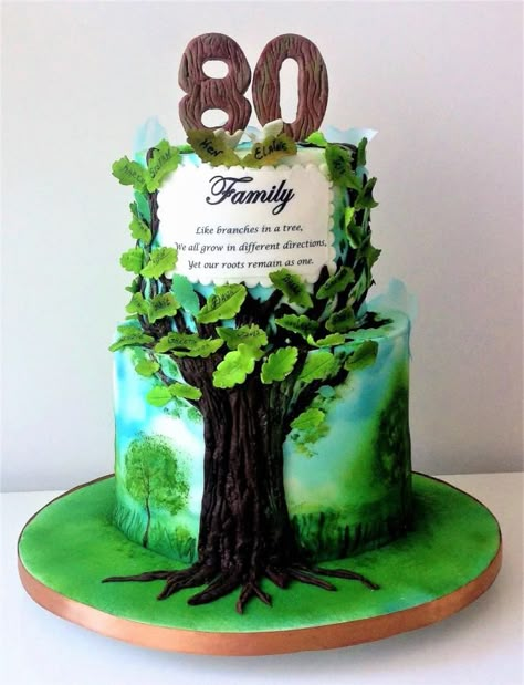 This cake was made for very special friends of mine. They wanted a family tree cake, for mum’s 80th birthday and wanted every leaf to be named after a member of their family. I must say I loved every minute of working on the cake. There is a lot... 80th Birthday Cake For Men, Grandpa Birthday Cake, Family Reunion Cakes, 80th Birthday Cakes, Cake For Mum, Family Tree Cakes, 80th Birthday Ideas, 80th Birthday Cake, 90th Birthday Cakes