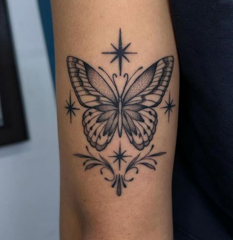 Side Knee Butterfly Tattoo, Simple Chest Tattoo Female Upper, Side Of Wrist Tattoo Coverup, Black And Grey Monarch Butterfly Tattoo, Cover Up Tattoo Butterfly, Celestial Butterfly Tattoo, Neotraditional Butterfly Tattoo, Ornamental Butterfly Tattoo, Butterfly Throat Tattoo