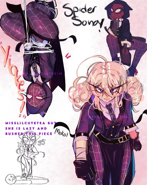 Spider sona very pretty Spidersona Art Oc, Spidersona Name Ideas, Spidersona Oc Ideas, Spidersona Names, Purple Spidersona, Spider Names, Female Spidersona Oc, Spidersona Design, Spider Verse Oc