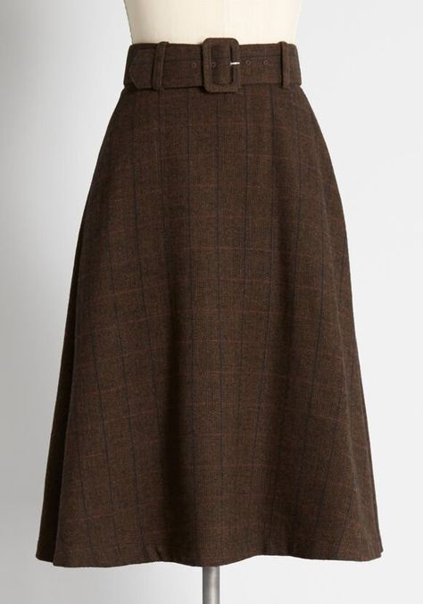 Search | ModCloth Brown Midi Skirt, Belted Midi Skirt, 20s Style, Academia Outfits, Dark Academia Fashion, Fall Vintage, Academia Fashion, Herringbone Fabric, Cotton Midi Skirt