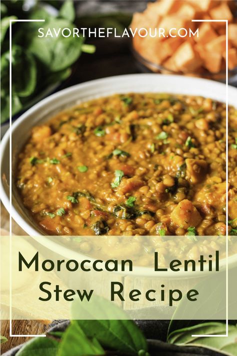 Moroccan lentil stew is a gluten free, hearty stew that's full of sweet potatoes, lentils, turmeric, and vegetables. Make this healthy stew in your crock pot or on the stovetop and get your clean eating goals on track. Vegetarian Lentil Stew, Moroccan Lentil Stew, Crock Pot Lentils, Lentil Stew Crockpot, Health Soup Recipes, Moroccan Lentils, R3 Recipes, Portfolio Diet, Moroccan Lentil