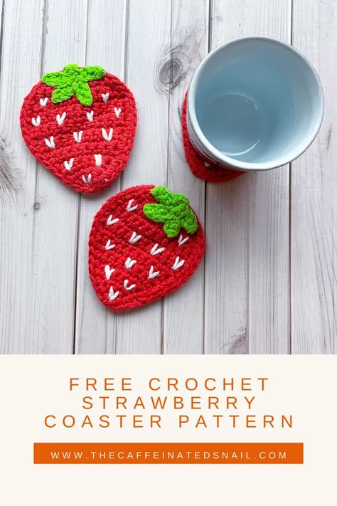 Liven up your mornings and coffee breaks with cute crochet strawberry coasters! Check out my free Crochet Strawberry Coaster Pattern below. Strawberry Coaster Crochet Pattern, Crochet Patterns Coasters, Crochet Strawberry Coaster, Cute Crochet Strawberry, Strawberry Coaster, Crochet Valentine Patterns, Crochet Strawberry, Coaster Pattern, Valentines Patterns