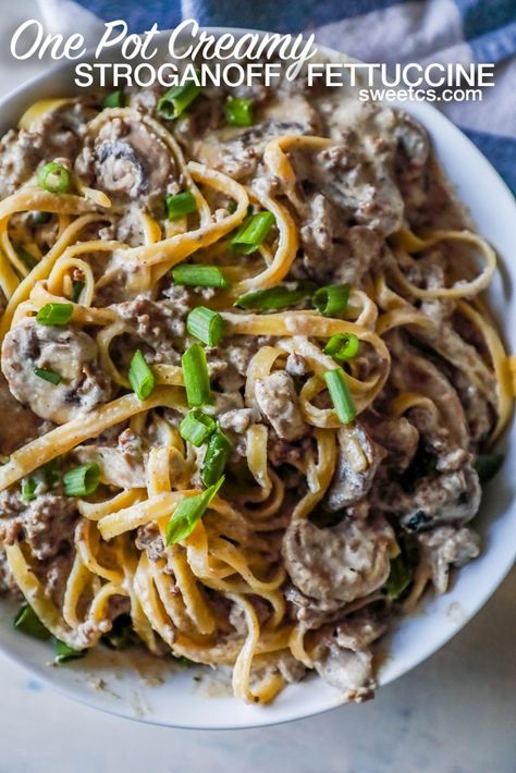 Creamy Beef Stroganoff Fettuccine - Quick and easy one pot Creamy Beef Stroganoff Fettuccine is a delicious, comforting dish the whole family loves! #creamybeefstroganofffettuccine #maindishes Creamy Beef Stroganoff, Picnic Party Food, Cheesy Baked Chicken, Beef Stroganoff Crockpot, Kid Recipes, Comfort Dishes, Cheap Dinners, Perfect Pasta, Main Course Recipes