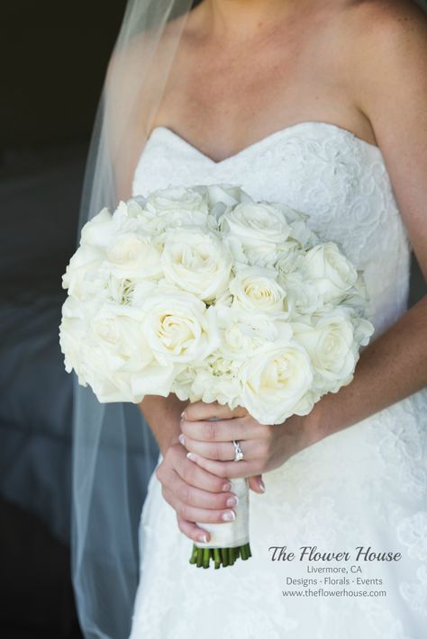 Bridal Bouquet With Hydrangeas And Roses, Bride Dress And Bouquet, Bride White Flower Bouquet, White Bride Bouquets Elegant, Tibet Rose Bouquet, Wedding White Rose Bouquet, White Round Bridal Bouquet, Full White Bridal Bouquet, Bride Bouquet Roses White