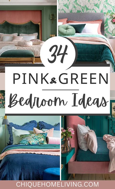 Forest Green And Dusty Rose Bedroom, Pink And Teal Room Ideas, Green And Pink Decor Bedroom, Emerald Green Pink Bedroom, Moody Green And Pink Bedroom, Pink And Emerald Bedroom, Black Green Pink Bedroom, Dusty Rose And Green Bedroom, Pink And Green Master Bedrooms Decor