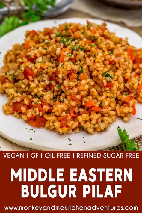 Simple and satisfying, this traditional Middle Eastern Bulgur Pilaf recipe is delicious, hearty, and healthy. #wholefoodplantbased #vegan #oilfree #glutenfree #plantbased | monkeyandmekitchenadventures.com Bulgar Recipes, Bulgur Pilaf, Bulgur Recipes, Vegetarian Recepies, Monkey And Me Kitchen Adventures, Fancy Foods, Monkey And Me, Pilaf Recipe, Pilaf Recipes