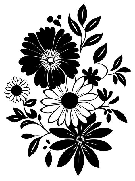 Black and white flowers silhouette stenc... | Premium Vector #Freepik #vector #black #flowers #leaves #silhouette Flower Silhouette Stencil, Flower Clipart Black And White, Leaves Silhouette, Flowers Silhouette, Aesthetic Clipart, Silhouette Flower, Black And White Clipart, White Paintings, Image Of Fish