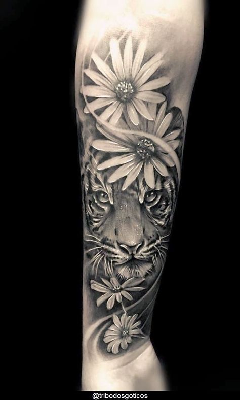 Realism Arm Tattoos For Women, Realism Feminine Tattoo, Daisy Tattoo Designs, Tiger Tattoo Sleeve, Forarm Tattoos, Hip Tattoos Women, Forearm Tattoo Women, Leg Tattoos Women, Dope Tattoos For Women