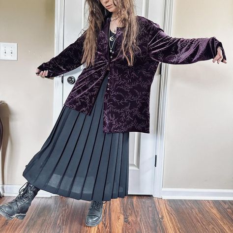 vintage purple velvet whimsigoth cardigan 

90s Sag... - Depop 80s Whimsigoth Outfits, Whimsigoth Outfits Purple, Purple Whimsigoth Outfit, Purple Winter Outfit, Whimsigoth Cardigan, Purple Cardigan Outfits, Whimsigoth Clothes, Velvet Whimsigoth, Whimsigoth Outfits