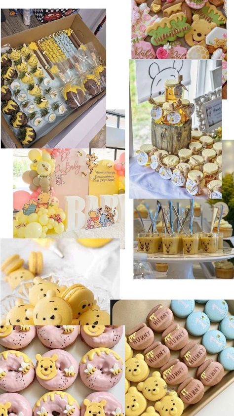 winnie phoo Winnie The Pooh Drink Ideas, Winnie The Pooh Treat Table, Pooh Dessert Table, Winnie The Pooh Dessert Table, Winnie The Pooh Treats, Winnie Phoo, Baby Shower Winnie The Pooh, Winnie The Pooh Party, Pooh Party