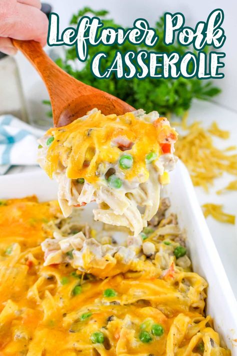 Leftover Pork Casserole is the perfect weeknight recipe for repurposing leftovers in a delicious new way using simple pantry ingredients. This creamy pork and noodle casserole is always a hit with my whole family! via @jugglingactmama Casserole Recipes For Dinner Pork, Leftover Pork Casserole, Shredded Pork Casserole, Pork Roast Casserole Recipes, Pork Chop Leftovers, What To Make With Leftover Pork Roast, Leftover Pork Roast Recipes Casseroles, Pork Loin Casserole Recipes, Leftover Pork Loin Ideas