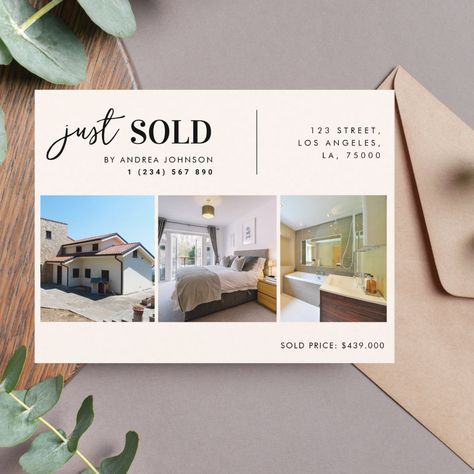 Just Sold Property Real Estate Realtor Marketing Postcard Open House Real Estate Marketing, Just Sold Real Estate, Real Estate Cards, Real Estate Marketing Postcards, Collage Simple, Realtor Postcards, Marketing Postcard, Sold Real Estate, 3 Photo Collage