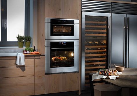 Steam ovens are the best cooking products to retain your food's intended taste and texture as well as regenerating leftovers. Best steam ovens are Jenn-Air, Thermador, Bosch, Gaggenau, and Miele.  Differences are plumbed vs. non-plumbed, 110 versus 220-volt, and guided cooking programs. Oven Design, Steam Oven, Steam Cooking, How To Cook Fish, Oven Cooking, Convection Oven, Double Oven, Fun Cooking, Wall Oven