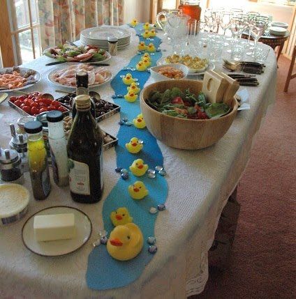 Duck baby shower table decor Duck Baby Shower Theme, Rubber Ducky Party, Rubber Ducky Birthday, Rubber Duck Birthday, Gender Neutral Baby Shower Themes, Ducky Baby Showers, Ducky Baby Shower, Rubber Ducky Baby Shower, Baby Shower Duck