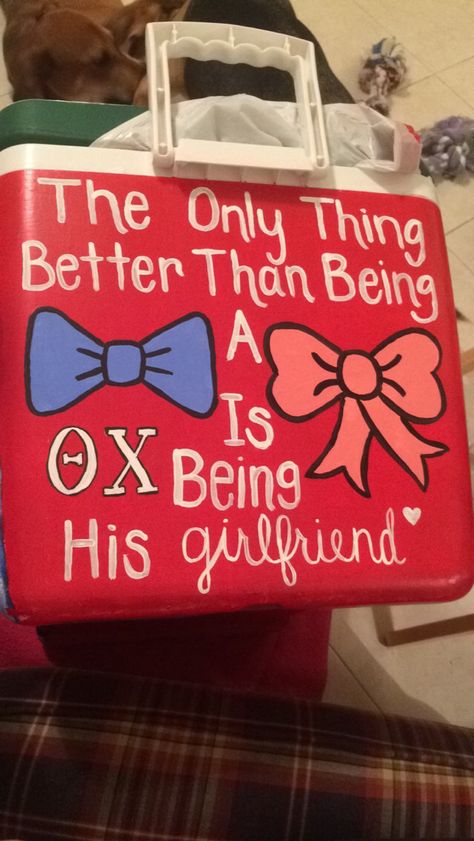 Theta chi frat cooler painted for my boyfriend for graduation Frat Boyfriend, Sigep Cooler, Frat Formal Coolers, Frat Banner, Frat Coolers Ideas, Nola Cooler, Formal Coolers, Frat Formal, Formal Cooler Ideas