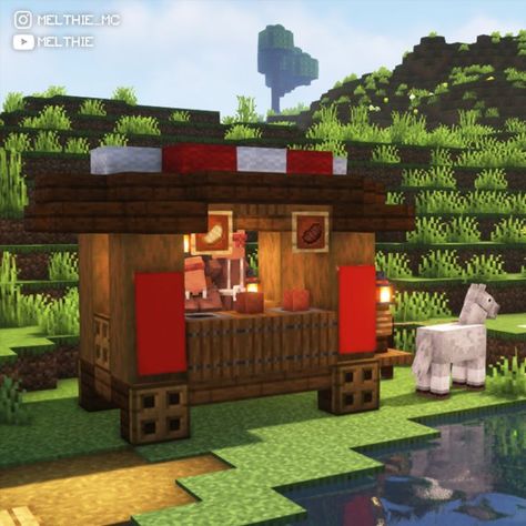 Village Shop Minecraft, Market Stall Minecraft Ideas, Villager Trading Stalls Minecraft, Minecraft Market Stalls Simple, Minecraft Hay Cart, Minecraft Bazaar, Minecraft Stall Ideas, Market Minecraft Ideas, Minecraft Stalls