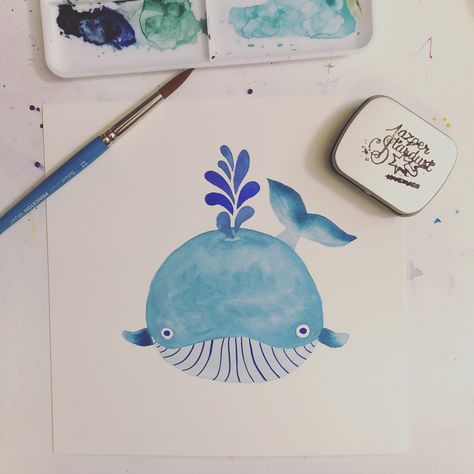 Cute Simple Watercolor Paintings, Watercolor Whale Easy, Easy Watercolor Animals Simple, Kids Watercolor Painting Ideas, Watercolor Easy Ideas, Whale Watercolor, Watercolor Whale, Art Painting Tools, Whimsical Watercolor