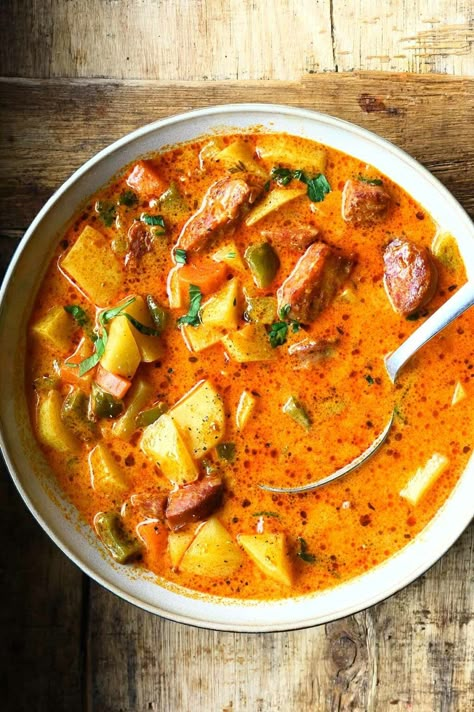 Spanish Soup Recipes, Chorizo Soup Recipes, Soup With Chorizo, Sugar Showpiece, Spanish Soup, Chorizo Soup, Spanish Potatoes, Chorizo And Potato, Kung Pao Chicken Recipe