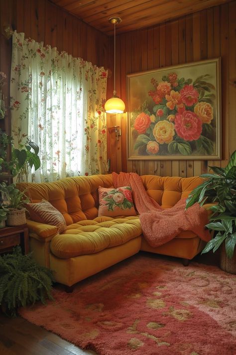 living room inspo Home Interior Design On A Budget, Strawberry Bathroom Ideas, Kitchy Living Room, Kitschy Living Room, Granny Chic Living Room, Luxurious Living Room Designs, Floral Decor Home, Minimalist Studio Apartment, 60s Home