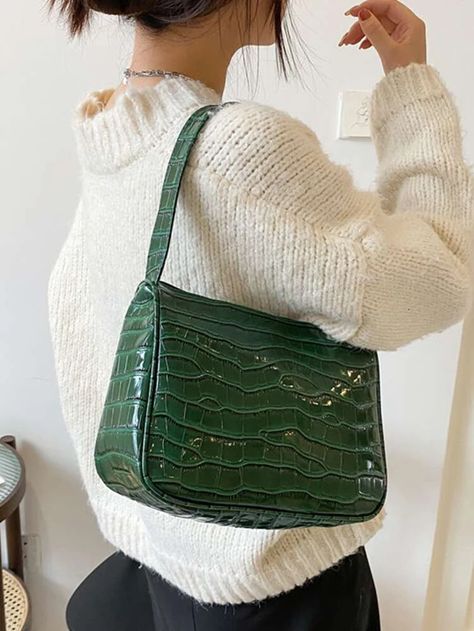 Croc Embossed Large Capacity Square Bag | SHEIN USA Green Purse Outfit, Green Bag Outfit, Dark Green Pattern, Shoulder Bag Outfit, Purse Outfit, High Heels Classy, Ombre Fashion, Hot Bags, Green Purse