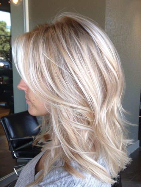 Explore Top Blonde Hair Color Ideas Diamond Blonde Hair, Dark Roots Blonde Hair Balayage Platinum, Bright Creamy Blonde Hair, Dimensional Bright Blonde, Creamy Vanilla Blonde Hair, Champagne Blonde Highlights, Milky Blonde Hair, 2024 Bangs, White Hair With Lowlights