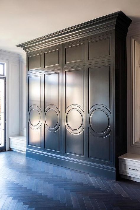 Black Herringbone Floor, Black Mudroom, Contemporary Mudroom, Chicago Interior Design, Mudroom Lockers, Cabinet Door Styles, Unique Cabinets, Mudroom Design, Herringbone Floor