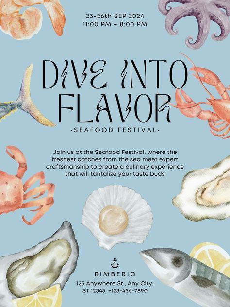 Pastel Blue Watercolor Seafood Festival Poster - Templates by Canva Seafood Festival Poster, Beach Festival Poster, Beach Menu Design, Canva Templates Ideas Poster, Seafood Poster Design, Food Event Poster, Sea Poster Design, Water Festival Poster, Creative Food Poster Design