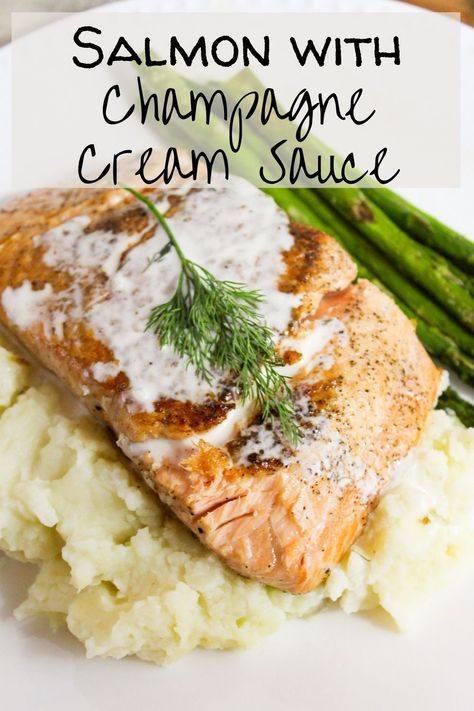 My Salmon with Champagne Cream Sauce (you can also use Prosecco!) features seasoned pan-seared salmon topped with a creamy champagne sauce flavored with fresh dill and shallots. A perfect date night or Valentine's Day recipe, or a great recipe to use leftover champagne.#Salmon #Champagne #ValentinesDay Champagne Sauce For Fish, Champagne Cream Sauce Recipes, Champagne Recipes Food, Champagne Food Recipes, Leftover Champagne Recipes, Champagne Sauce Recipe, Champagne Cream Sauce, Champagne Sauce, Seafood Cravings